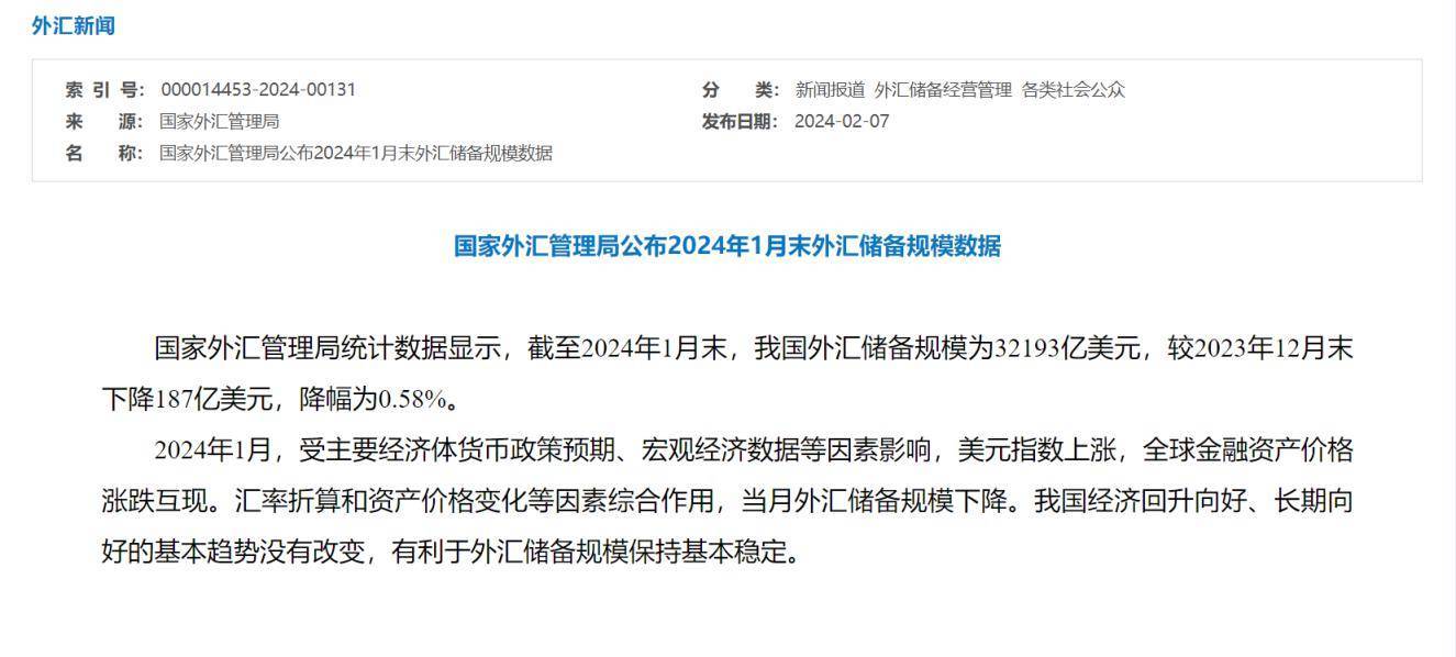1月末<strong></p>
<p>降低美元储备</strong>我国外汇储备32193亿美元