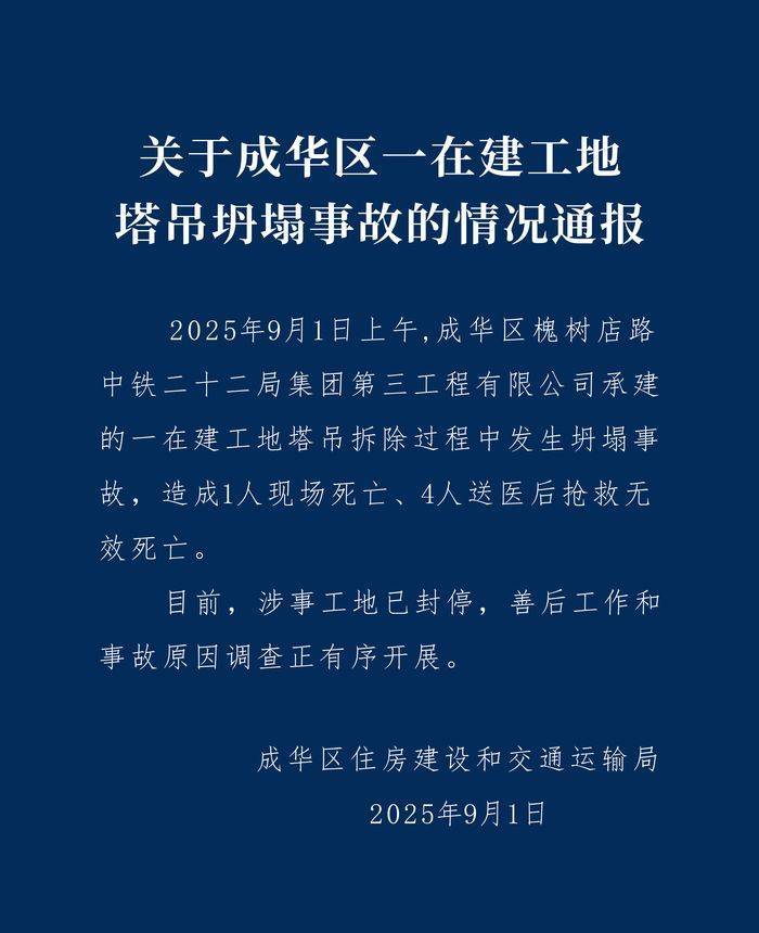 成都成华区：中铁二十二局一在建工地塔吊坍塌致5人遇难<strong></p>
<p>BTC价格</strong>，涉事工地已封停