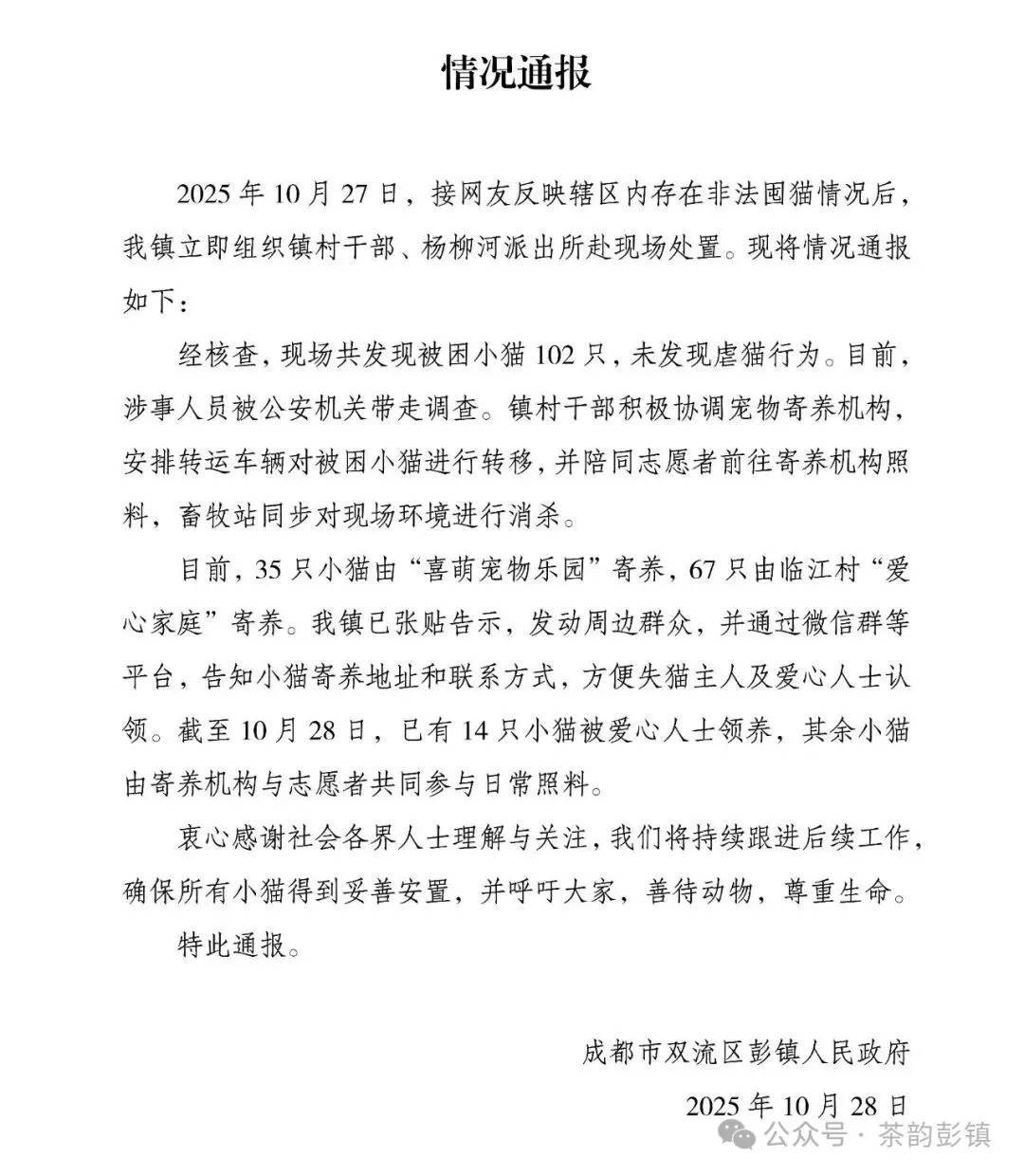 “成都一空置房非法囤猫”？官方通报：共发现被困小猫102只<strong></p>
<p>BITOP</strong>，未发现虐猫行为